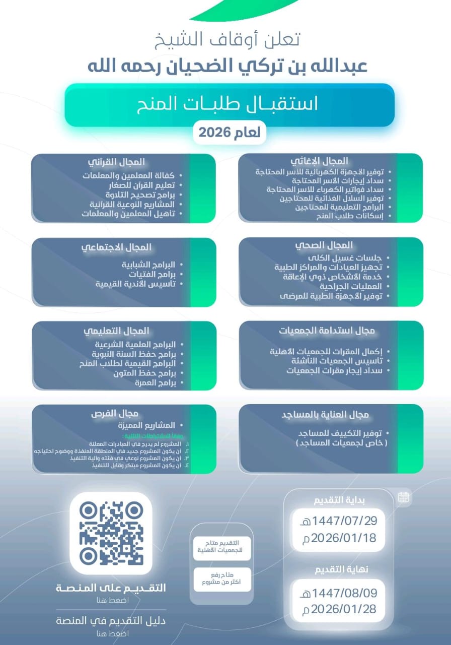 إعلان أوقاف الشيخ عبدالله بن تركي الضحيان تبدء استقبال طلبات المنح