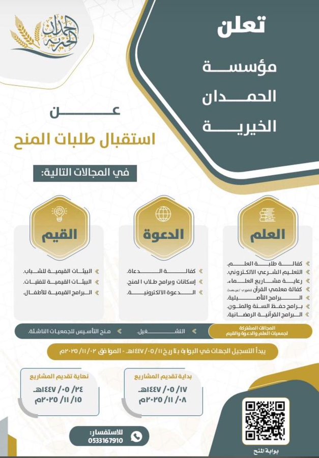 إعلان الحمدان الخيرية تعلن بدء استقبال طلبات المنح