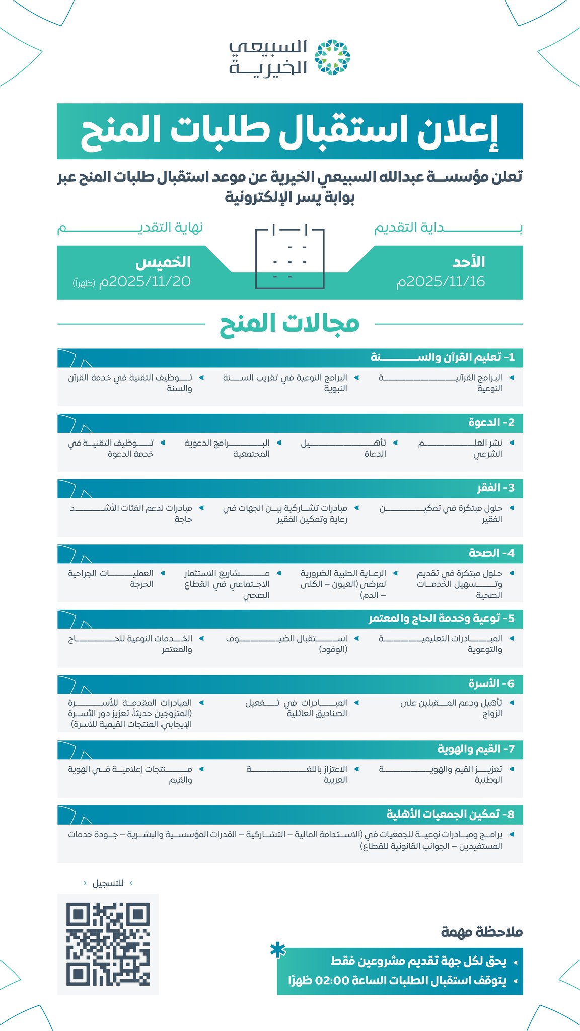 إعلان السبيعي الخيرية (يسر) تعلن عن فتح استقبال طلبات المَنْح
